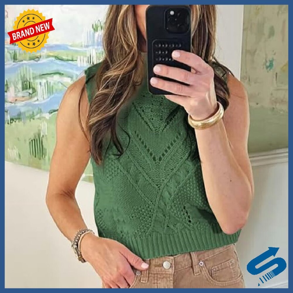 Cotton Crochet Turtleneck Sweater Vest Women's Sleeveless Pullover Fall - Picture 7 of 8